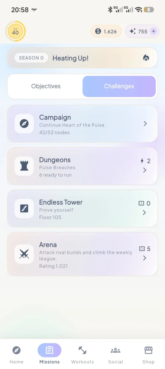 Challenges screen listing Campaign, Dungeons, Endless Tower and Arena.
