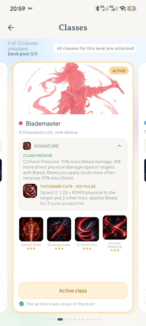 Classes screen showing the Blademaster with its class passive, signature skill and four skills.