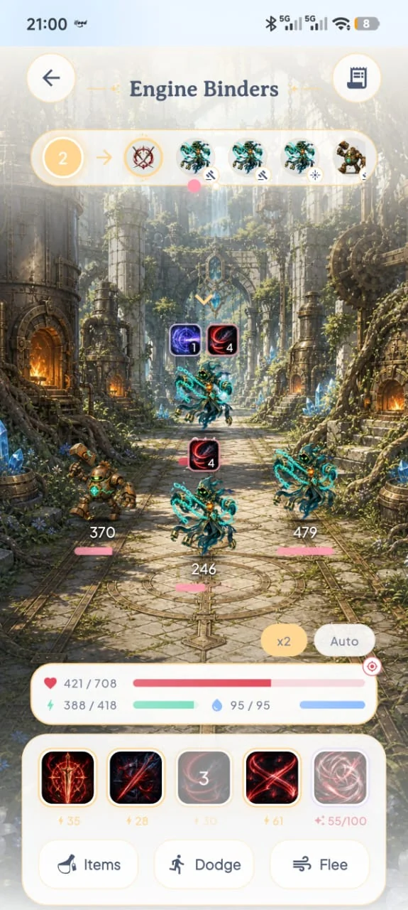 Turn-based battle against three enemies with a health bar, skill deck and item, dodge and flee actions.