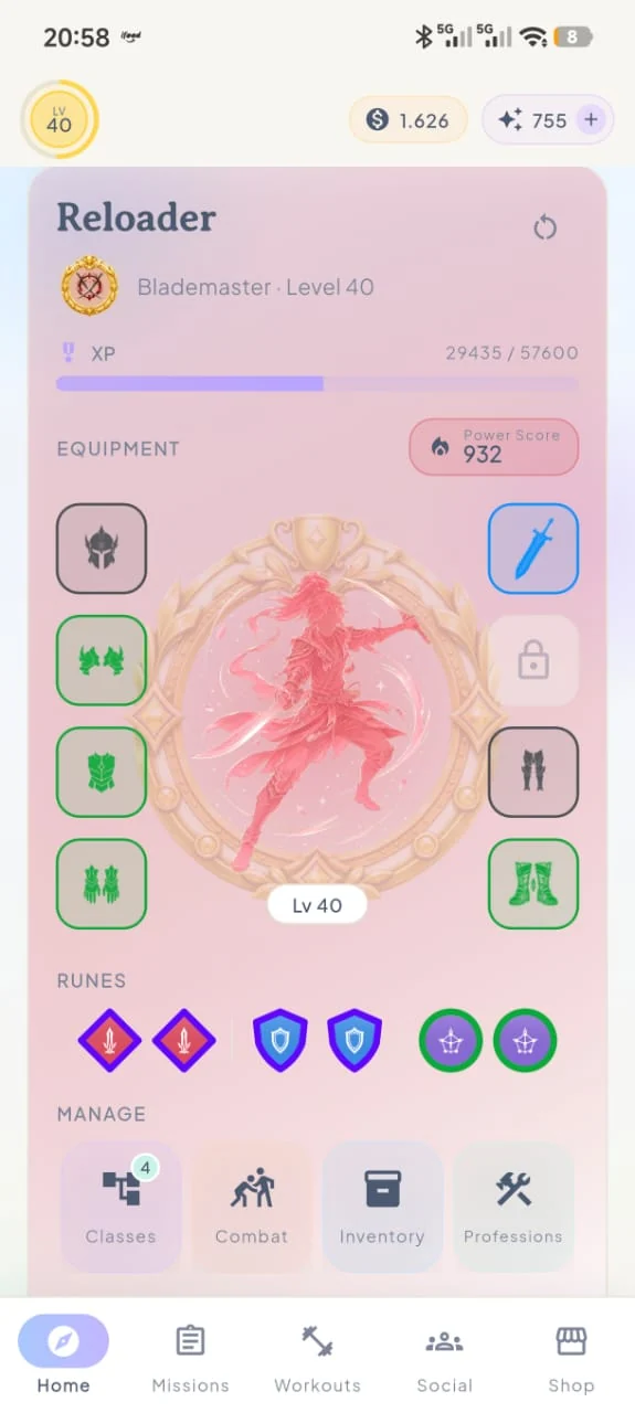 Hero screen showing a level 40 Blademaster with equipment slots, runes and a power score.