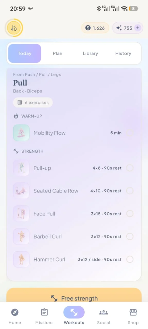 Workout screen showing a Push / Pull / Legs plan with six exercises, sets, reps and rest times.